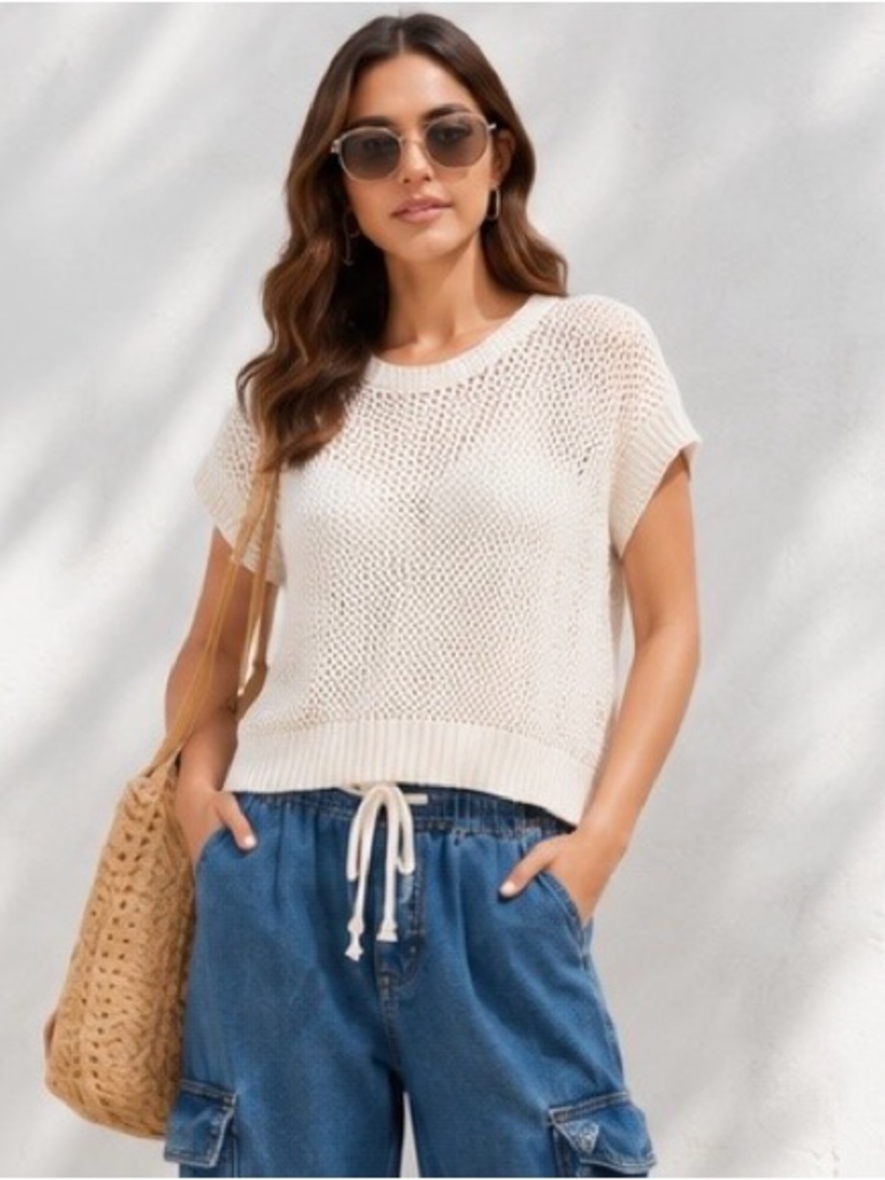CeCe Open Knit Sweater Vest | Cream Cotton Sleeveless Pullover | Size Large